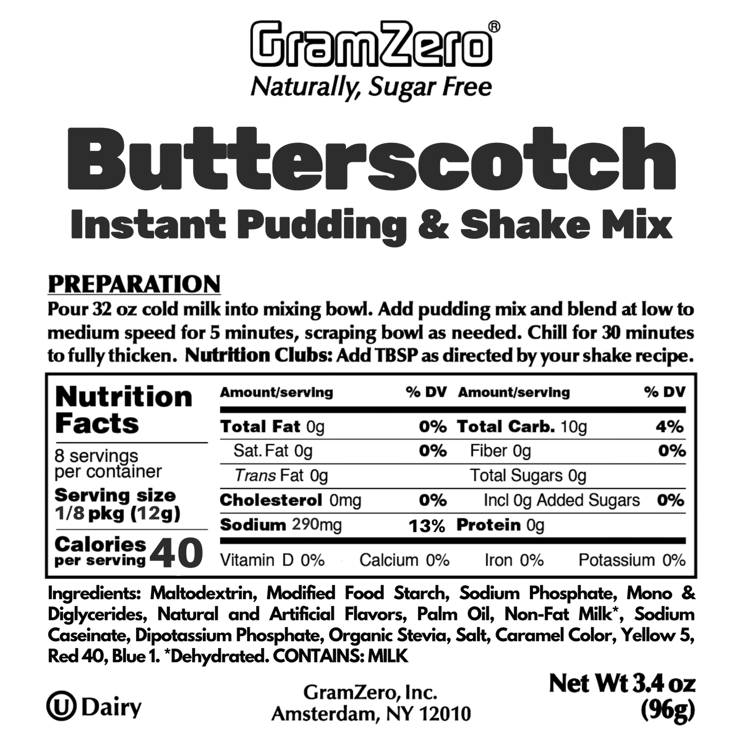 BUTTERSCOTCH Sugar Free Pudding Mix, Stevia Sweetened, Great For Nutrition Club Shakes, 3.4 Oz