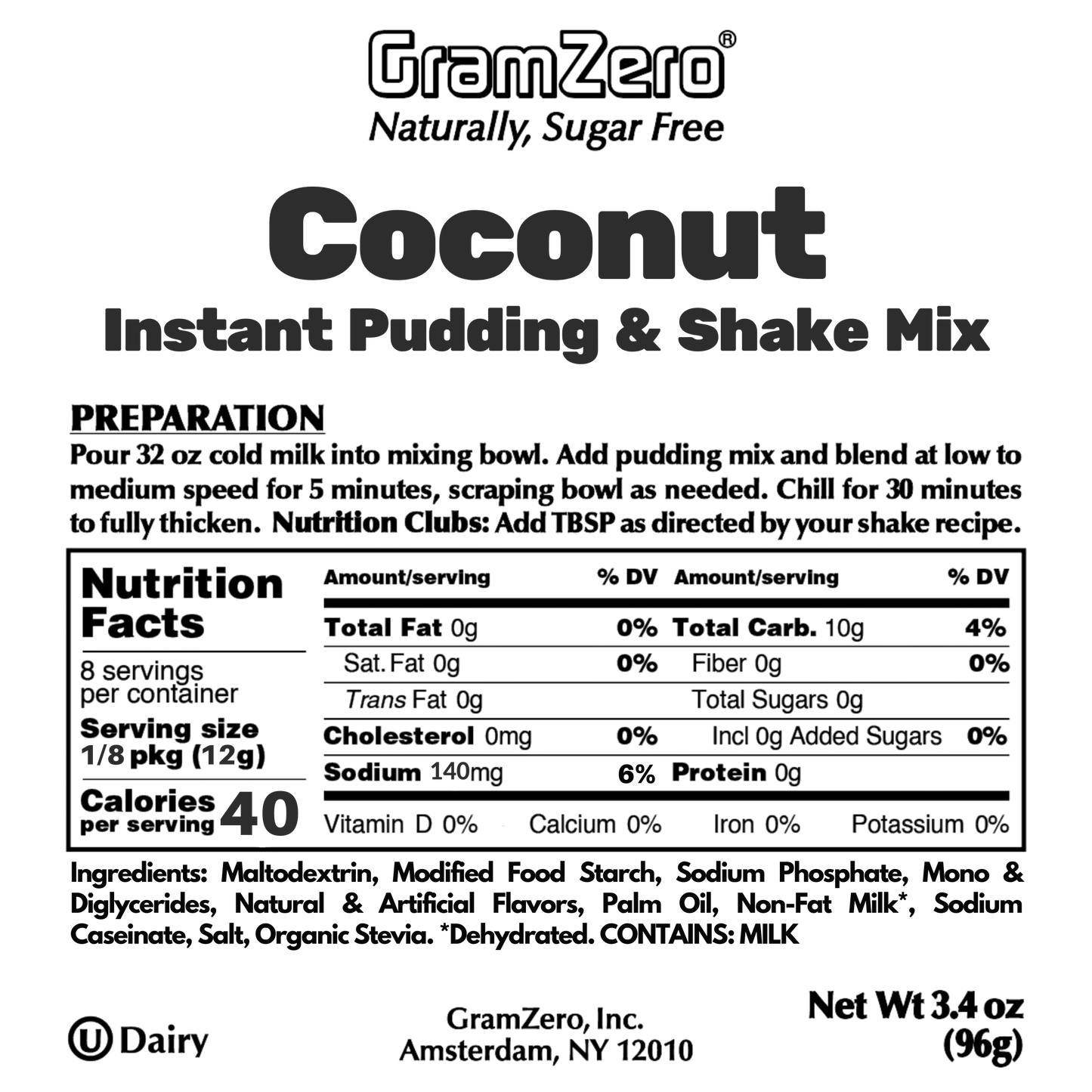 COCONUT Sugar Free Pudding Mix, Stevia Sweetened, Great For Nutrition Club Shakes, 3.4 Oz